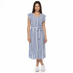 ALYX Striped Midi Flutter Sleeve Dress Button Up Waist Belt Blue White ALYX